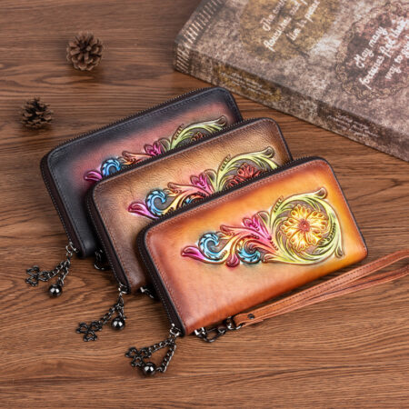 Elegant Women’s Leather Clutch  – Vintage Floral Design