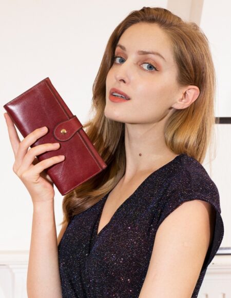 Women’s Leather RFID Wallet – Anti-Magnetic Long Clutch with Snap Closure