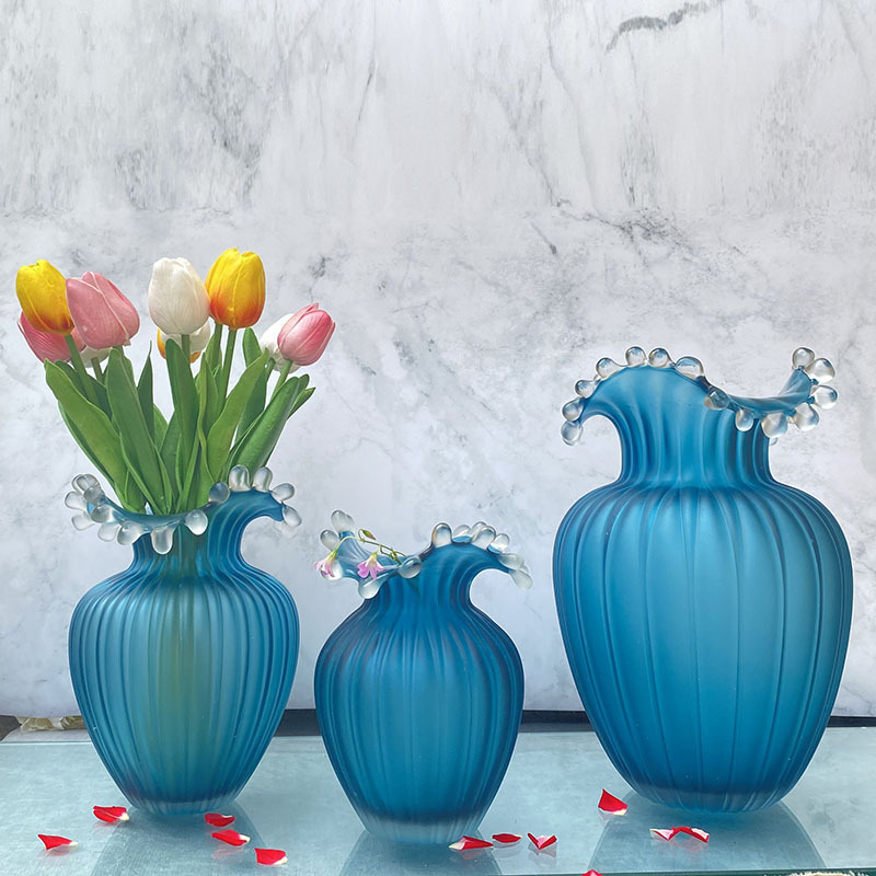 Wavy Frosted Blue Striped Glass Vase - Image 5