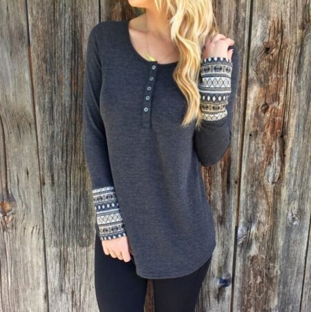 Women's Casual Long Sleeve Henley Top – Tribal Cuff Knit Pullover in Dark Grey