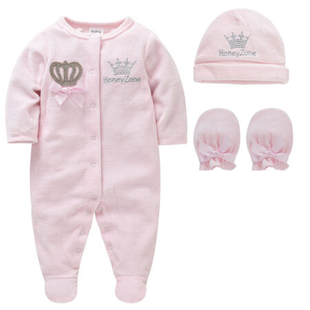 Newborn Baby Velvet Romper Set – Soft Long Sleeve Button Jumpsuit with Hat & Mittens