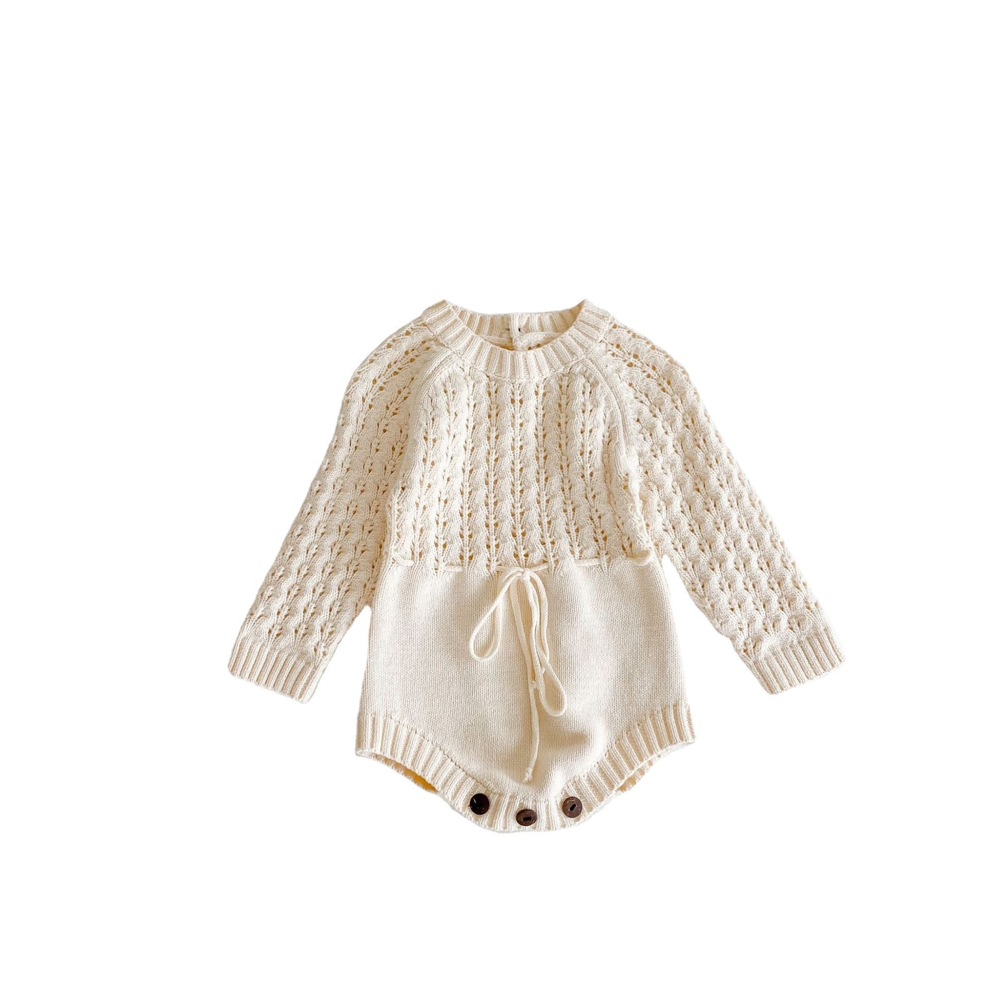 Baby Girl Knitted Hollow Waist Dress – Long Sleeve Lace Pattern Romper Dress with Hidden Button Closure - Image 2
