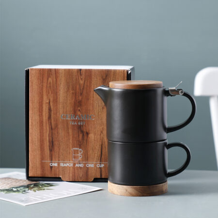 Wooden Lid Ceramic Teapot with Teacup – Elegant Small Tea Set