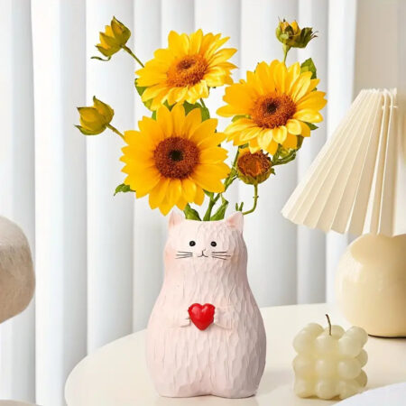 Cute Cat Vase With Heart – Resin Flower Pot Decoration for Home & Living