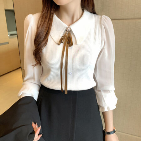 Women's Lantern Sleeve Spliced Knitwear – Elegant Solid Colour Pullover Sweater