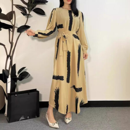 Elegant Khaki Print Long Maxi Dress