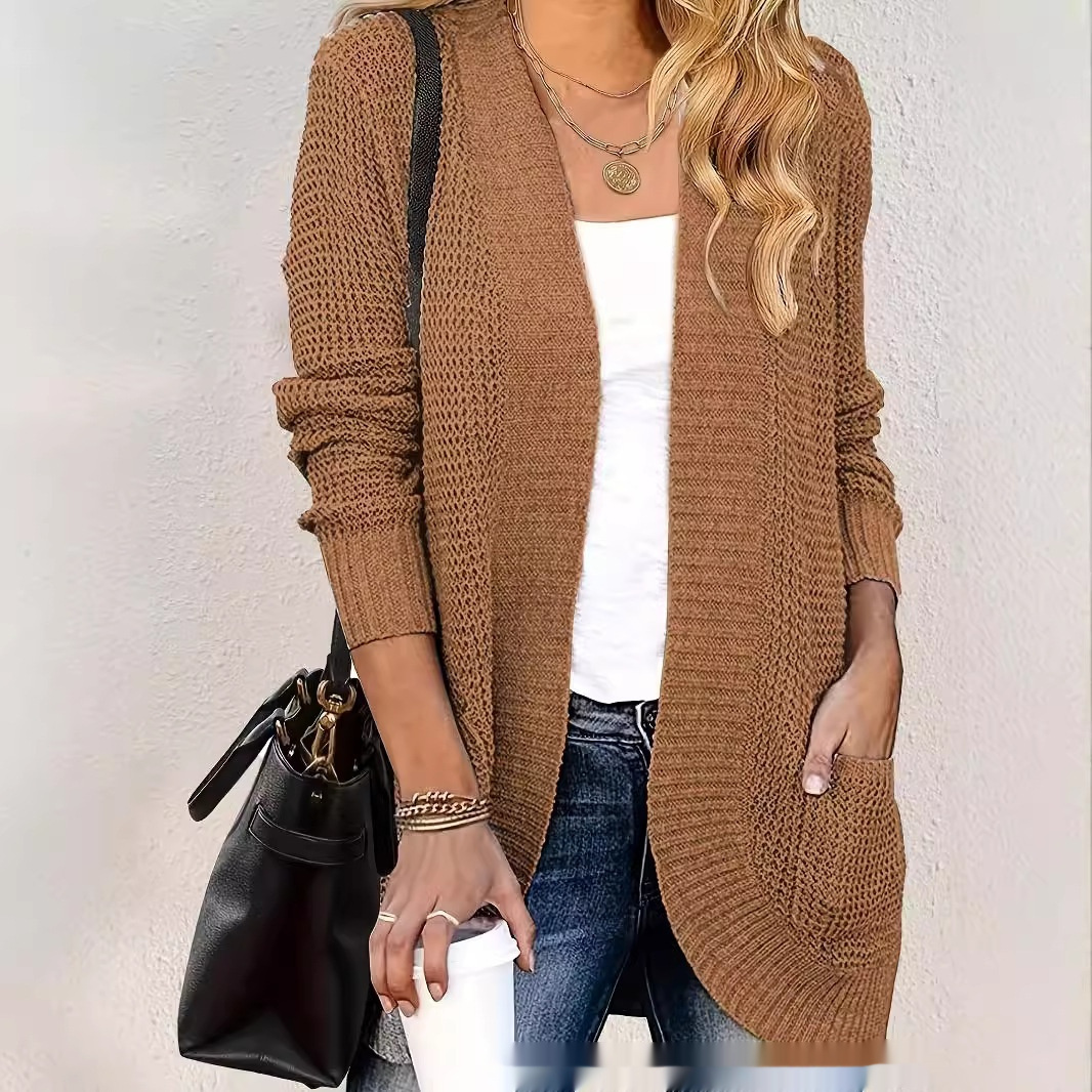 Women's Slim-Fit Knit Cardigan – Retro Crocheted Hollow Jacket in Brown - Image 2