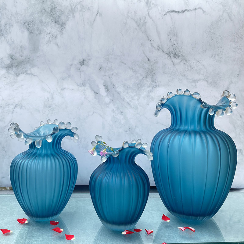 Wavy Frosted Blue Striped Glass Vase - Image 7