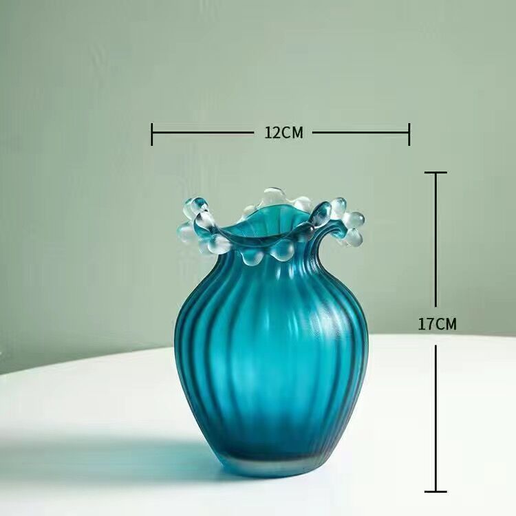 Wavy Frosted Blue Striped Glass Vase - Image 9