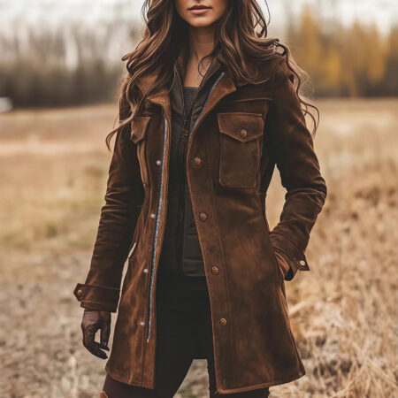 Women's Retro Lapel Brown Suede Jacket – Thick Casual Art-Inspired Mid-Length Coat