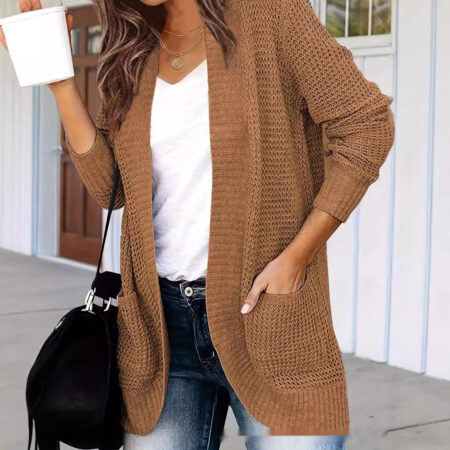 Women's Slim-Fit Knit Cardigan – Retro Crocheted Hollow Jacket in Brown