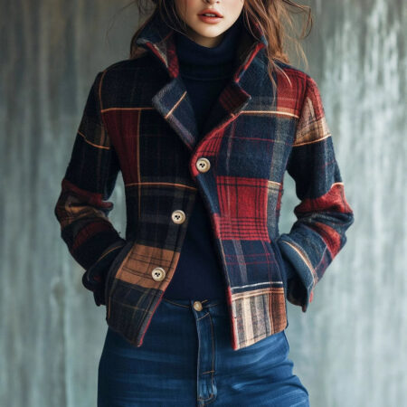 Women's Plaid Retro Warm Coat – Stand Collar Button-Up Autumn & Winter Jacket
