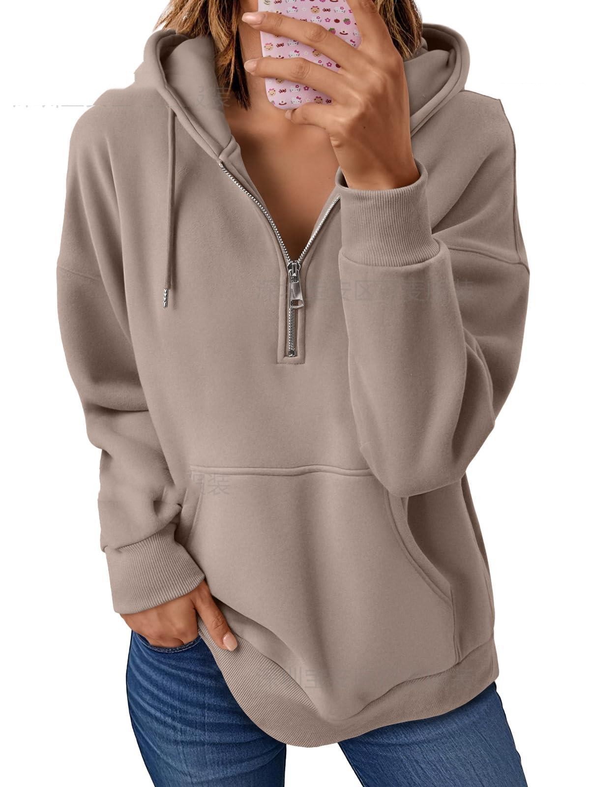 Solid Color Hooded Sweatshirt With Zip & Pocket - Image 2