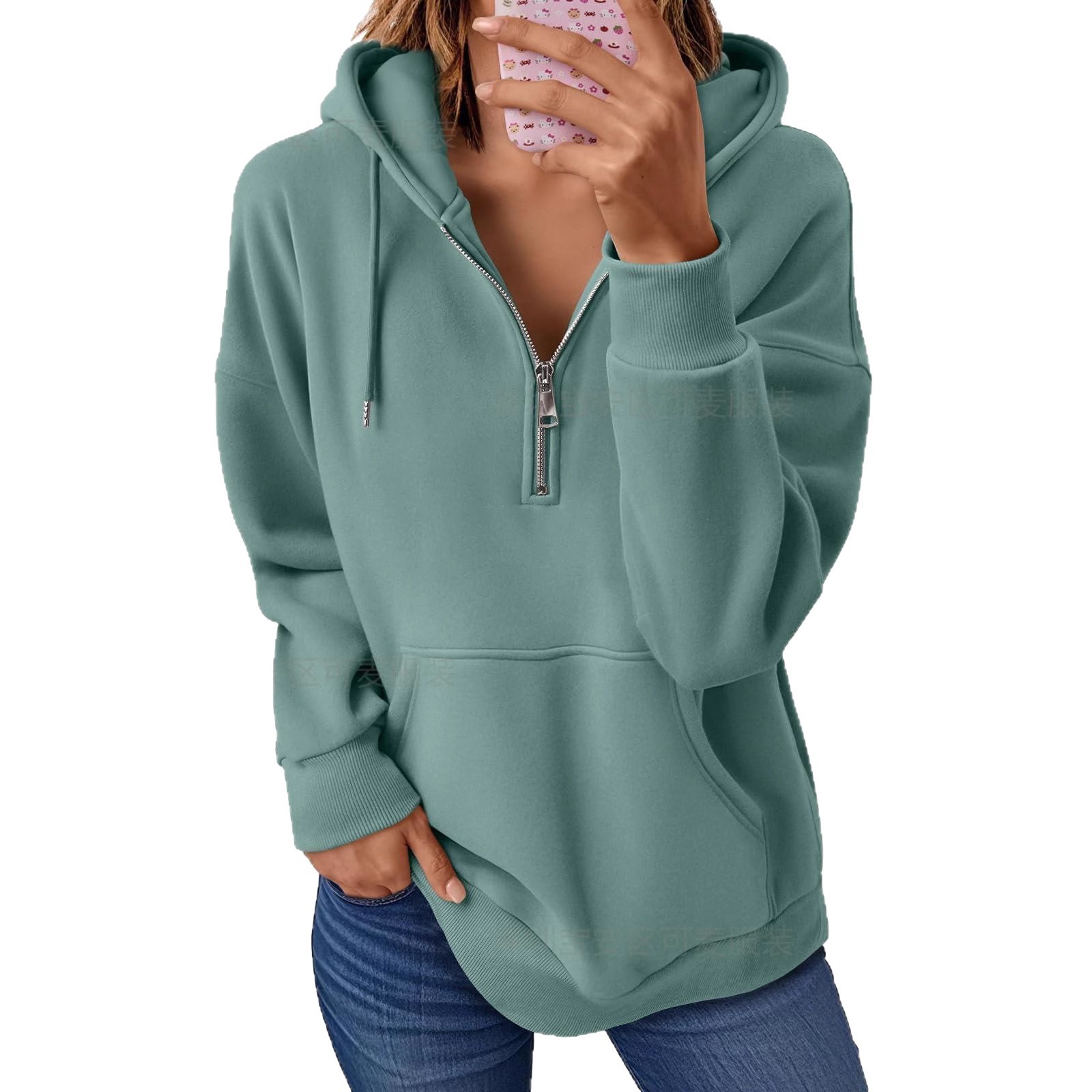 Solid Color Hooded Sweatshirt With Zip & Pocket - Image 4