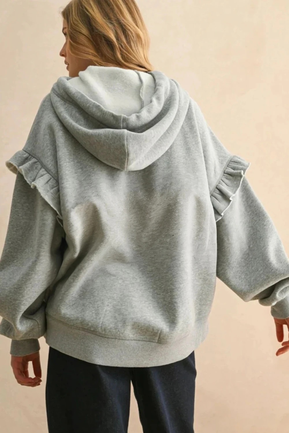 Grey Contrast Knot Drawstring Ruffled Drop-shoulder Loose Sweatshirt - Image 2